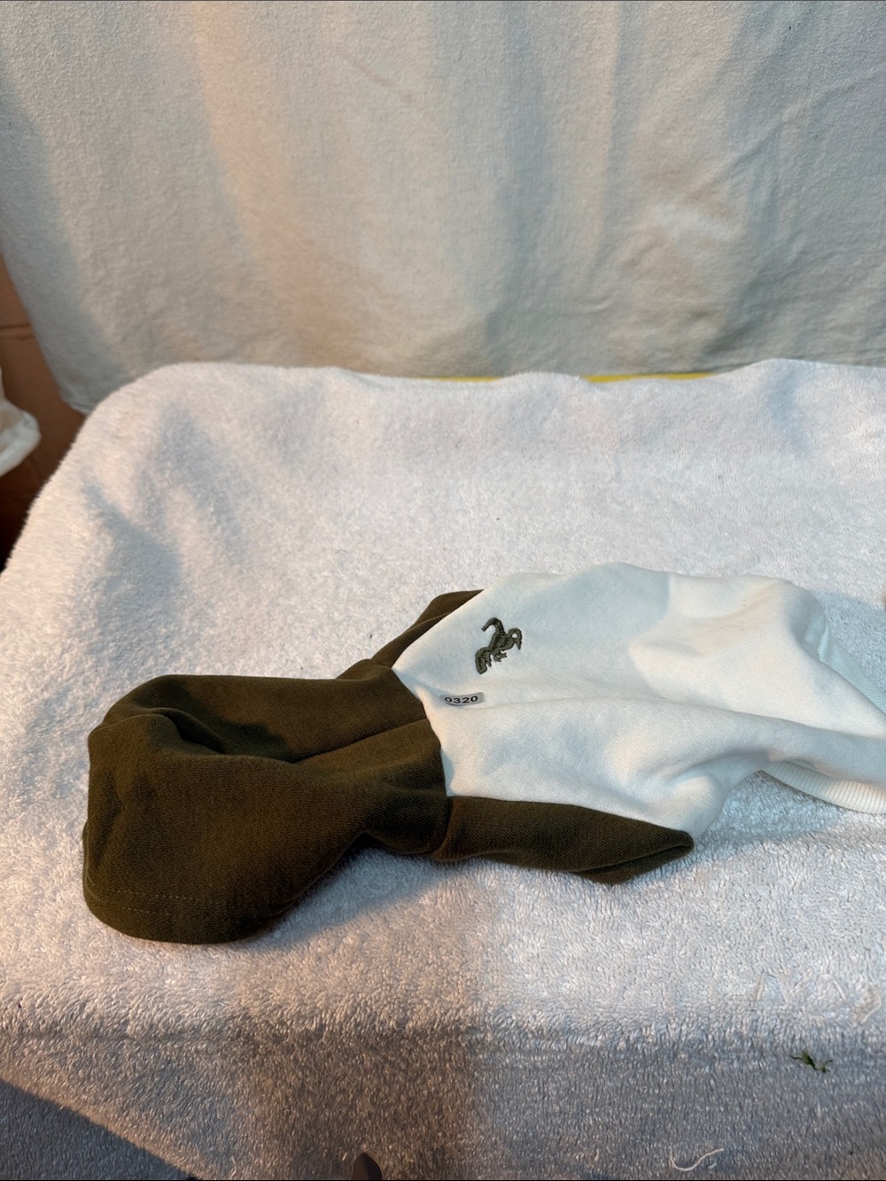 Two-Tone Olive Green & White Dog Hoodie with Embroidered Dinosaur